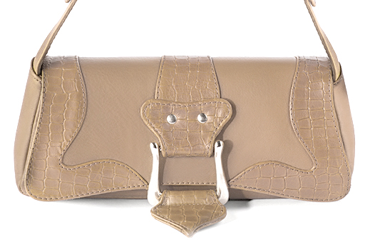 Tan beige women's dress handbag, matching pumps and belts. Profile view - Florence KOOIJMAN